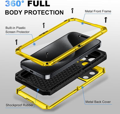 Beasyjoy Compatible with iPhone 15 Pro Case Waterproof, Metal Heavy Duty Full Body Protective Case with Built in Screen Protector, Military Grade Shockproof Defender Cover for 15 Pro 6.1", Yellow