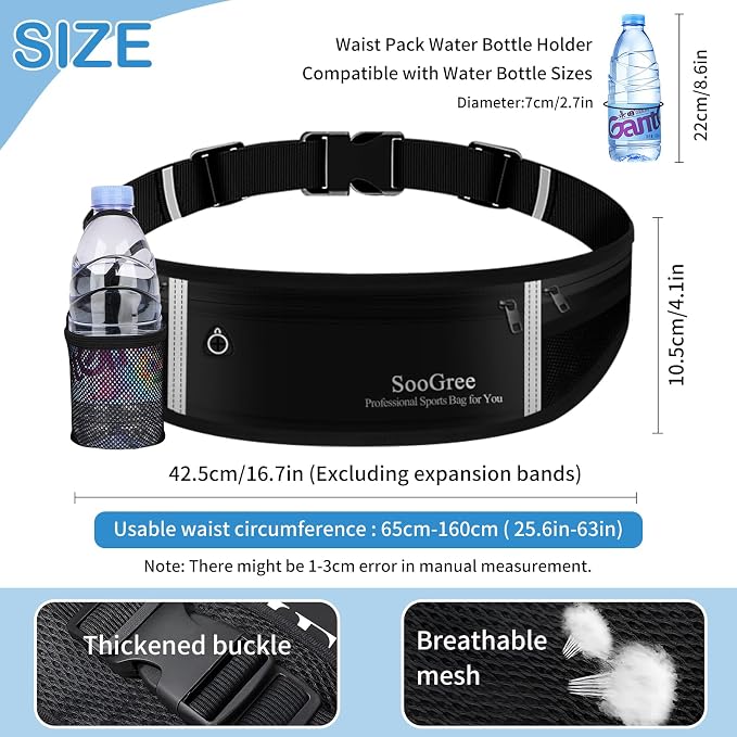 SooGree Men Women Running Belt Fanny Pack,Reflective Workout Sport Waist Pack Bag,Running Phone Holder Belt with Water Bottle Holder, Ideal for Running,Walking,Cycling,Gym Workouts (GSP8803-Black)