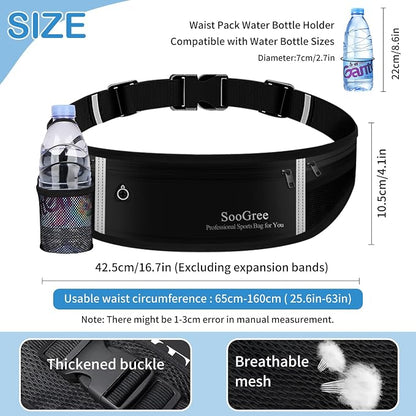 SooGree Men Women Running Belt Fanny Pack,Reflective Workout Sport Waist Pack Bag,Running Phone Holder Belt with Water Bottle Holder, Ideal for Running,Walking,Cycling,Gym Workouts (GSP8803-Black)