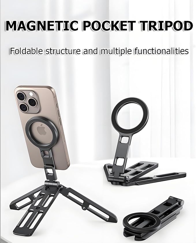 Magnetic Phone Tripod for iPhone 16/15/14/13/12 Plus Pro Max Series,Aluminium Mini Magsafes Tripod for iPhone & Magsafes,Double-Sided Design,1/4" Screw,Cold Shoe Interface,Arca Swiss Base