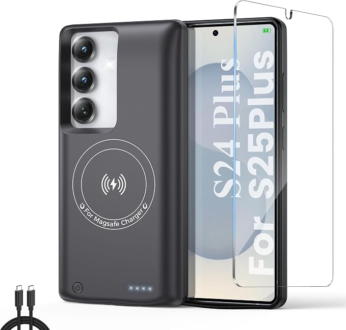 Charging Phone case for Samsung Galaxy Galaxy S24 Plus/S25 Plus Battery Case, Real 10000mAh Portable Power Bank with Magnetic Wireless Charging Black
