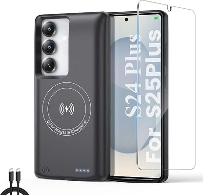 Charging Phone case for Samsung Galaxy Galaxy S24 Plus/S25 Plus Battery Case, Real 10000mAh Portable Power Bank with Magnetic Wireless Charging Black