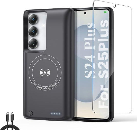 Charging Phone case for Samsung Galaxy Galaxy S24 Plus/S25 Plus Battery Case, Real 10000mAh Portable Power Bank with Magnetic Wireless Charging Black