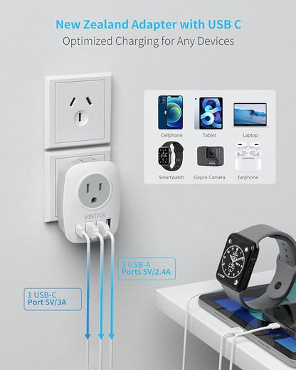 2 Pack Australia New Zealand Power Plug Adapter, VINTAR Australia Travel Adapter with 1 USB C,3 USB Ports and 2 American Outlets, 6 in 1 Type I Plug Adapter for US to Australia, Argentina, China