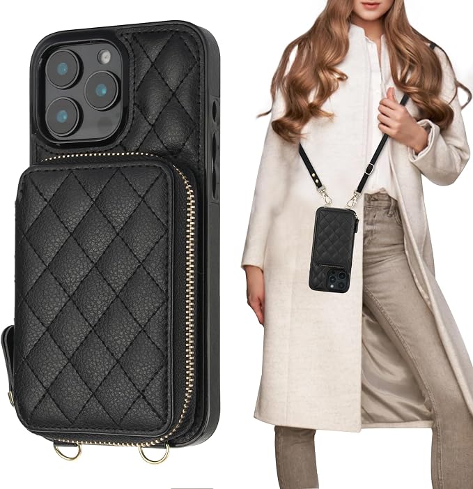 Bocasal Crossbody Wallet Case for iPhone 16 Pro Max, RFID Blocking PU Leather Zipper Handbag Purse Flip Cover, Kickstand Folio Case with Card Slots Holder Wrist Strap Lanyard 5G 6.9 Inch (Black)