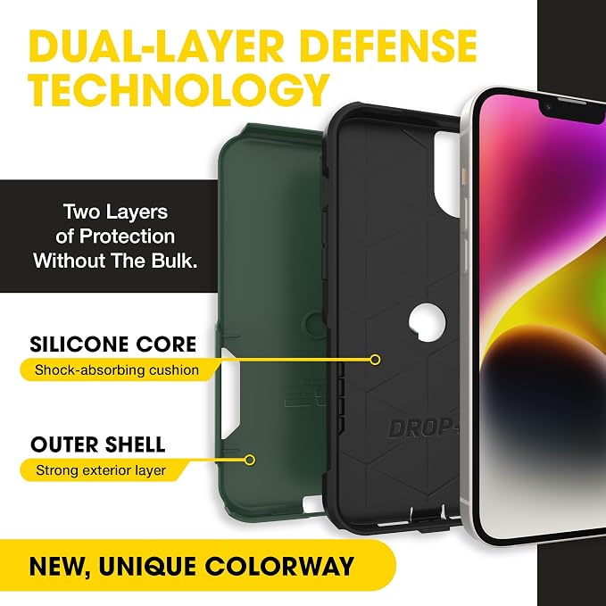 OtterBox iPhone 16e, 15, 14, & 13 Commuter Series Case - Slim & Tough, Pocket-Friendly, with Port Protection - Green/Black
