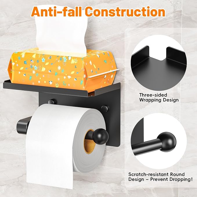 Toilet Paper Holder with Phone Storage Shelf, Matte Black Wall Mount for Bathroom, No Drill Adhesive or Screw Mount, Rustproof Metal, Fits Mega Rolls