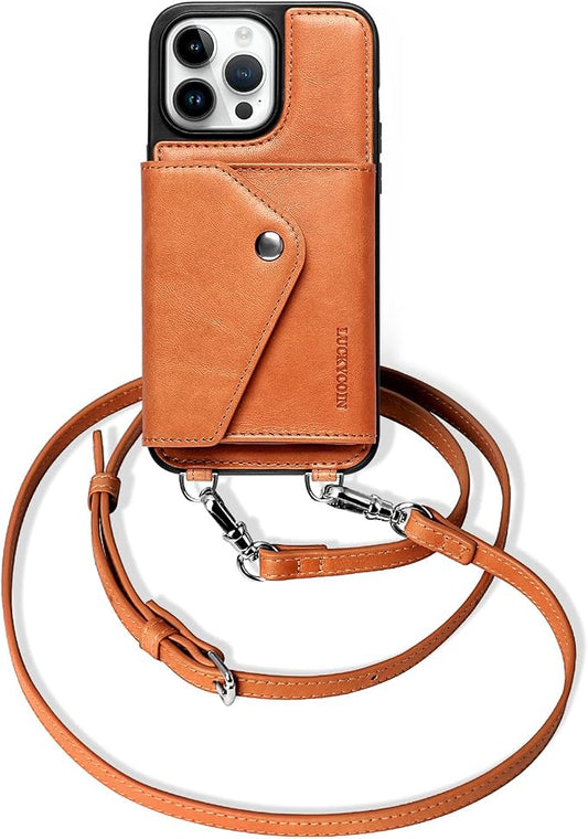 LUCKYCOIN for iPhone 14 Pro Max Crossbody Wallet Case – Genuine Leather Phone Purse with Adjustable Strap and Card Holder,Lanyard Phone Purse Case for Women,Vintage Brown