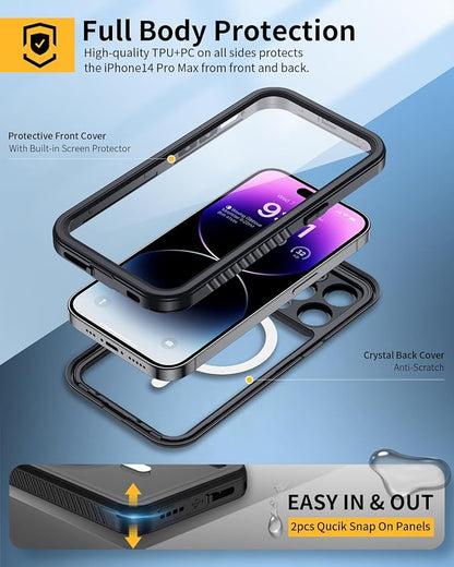 Lanhiem for iPhone 14 Pro Magnetic Case, Waterproof Dustproof Shockproof Case with Built-in Screen Protector Compatible with Magsafe, Full Body Protective Cover for iPhone 14 Pro 6.1 inch -Black