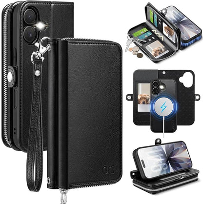 OCASE for iPhone 17 Crossbody Detachable Wallet Case, PU Leather Handbag Phone Purse with Zipper Closure, Card Slots & RFID Blocking, Wrist Strap, Lanyard, Kickstand, Black