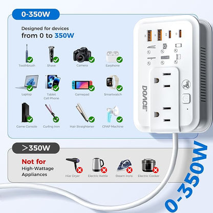 DOACE 350W Travel Voltage Converter 220V to 110V, Step Down Converter with Wrap-Around Extension Cord, 4 USB Ports, Universal Plug Adapters for CPAP, Phone, Shaver, Toothbrush (White)