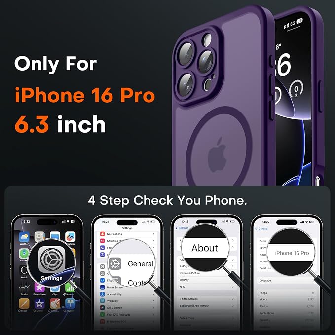 TOCOL for Phone 16 Pro Case, Compatible with Magsafe Charger, Full Camera Protection, Drop Protection, Translucent Matte Phone Case for iPhone 16 Pro 6.3 inch (Midnight Purple)