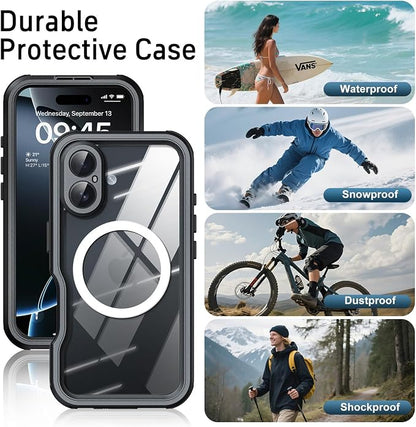 Waterproof Phone Case for iPhone 16, [Compatible with Magsafe] [IP68 Underwater] [Built-in Screen Protector & Glass Camera Protector] Full Body Shockproof Cover with Lanyard Black/Clear