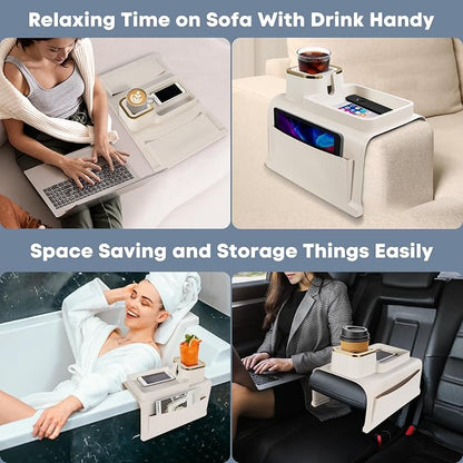 Couch Cup Holder with Tray & Dual-Sided Storage Pocket, Large Silicone Sofa Armrest Tray, Non-Slip & Spill-Resistant Couch Drink Holder Caddy, Multifunctional Couch Arm Organizer