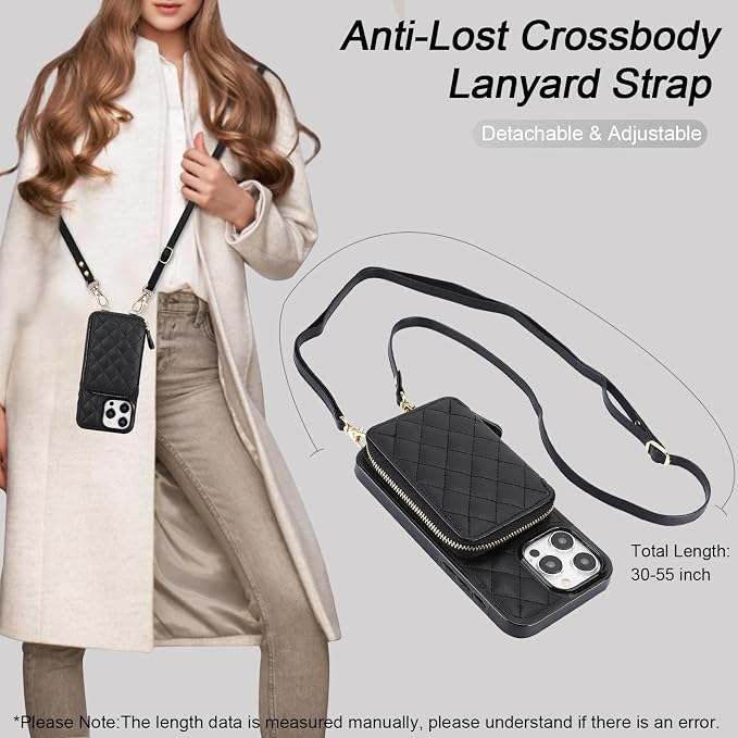 Bocasal Crossbody Wallet Case for iPhone 15 Pro Max, RFID Blocking PU Leather Zipper Handbag Purse Flip Cover, Kickstand Folio Case with Card Slots Holder Wrist Strap Lanyard 5G 6.7 Inch (Black)