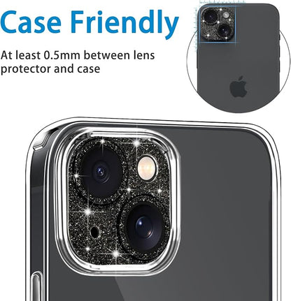 Compatible with iPhone 13 Mini and iPhone 13 Camera Lens Protector, Bling Glitter 9H Tempered Glass Camera Cover Anti Scratch Shockproof Lens Screen Full Protective Cover -Black