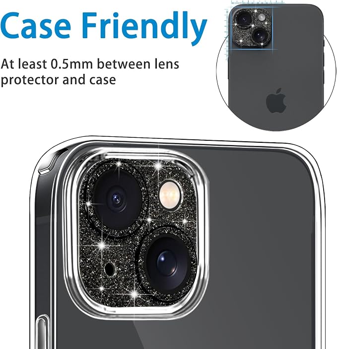 Compatible with iPhone 14 and iPhone 14 Plus Camera Lens Protector, Bling Glitter 9H Tempered Glass Camera Cover Anti Scratch Shockproof Lens Screen Full Protective Cover -Black