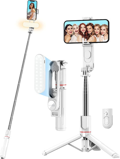 Stable Selfie Stick Tripod with Fill Light, 44 Inch Extendable Selfie Stick with Wireless Remote and Tripod Stand 360 Rotation for iPhone 15/14/13/12/11 Pro/XS Max/XR/X, Samsung and Smartphone (White)