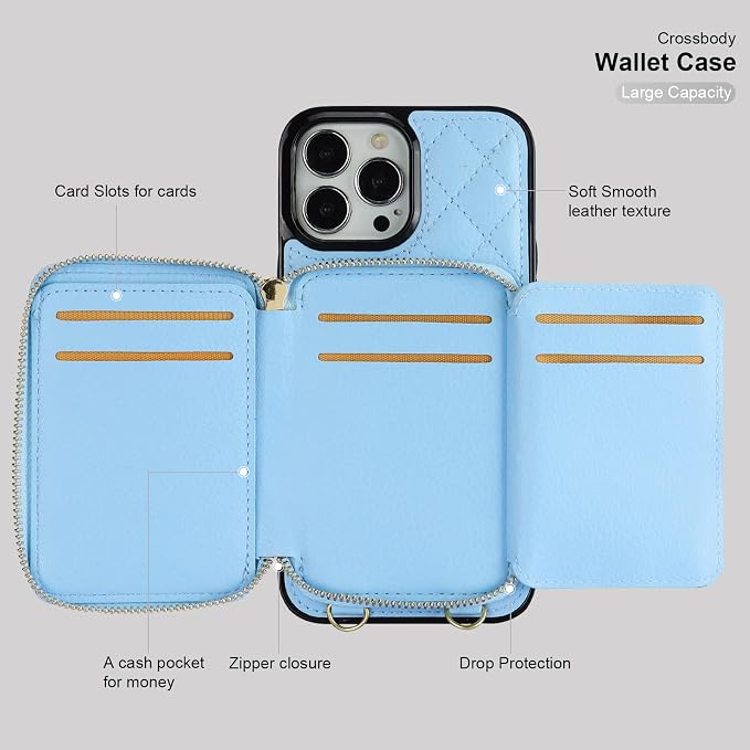 Bocasal Crossbody Wallet Case for iPhone 13 Pro Max, RFID Blocking PU Leather Zipper Handbag Purse Flip Cover, Kickstand Folio Case with Card Slots Holder Wrist Strap Lanyard 5G 6.7 Inch (Blue)