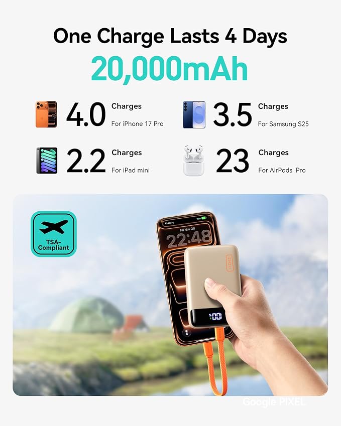 INIU Portable Charger, Smallest 22.5W 20000mAh USB C in & Out Power Bank Fast Charging, PD 3.0+QC 4.0 LED Display Phone Battery Pack Compatible with iPhone 17 16 15 14 Pro Samsung S24 Google, Beige