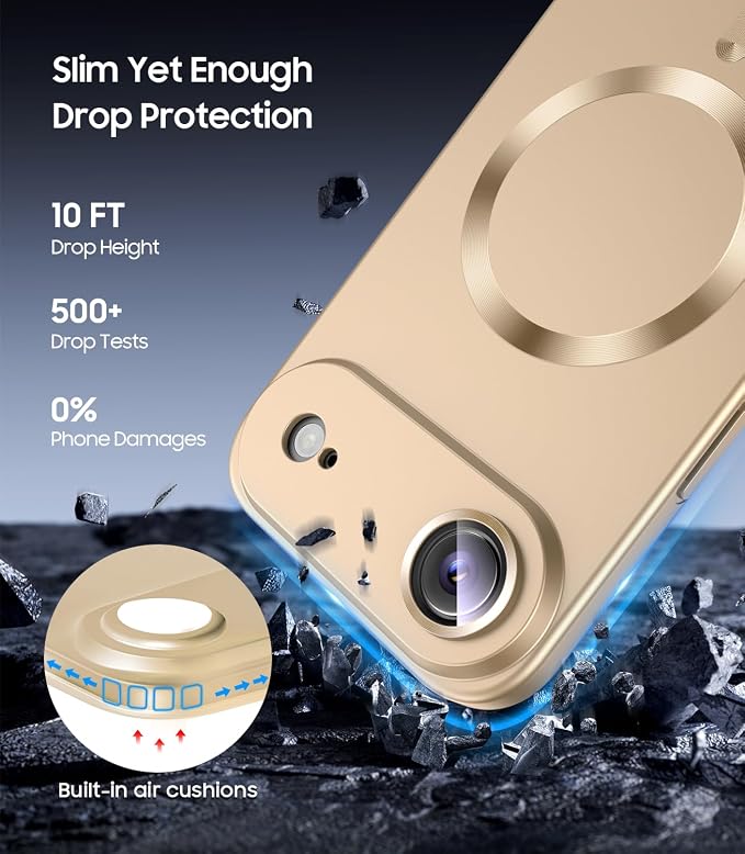 Magnetic for iPhone Air Case, Compatible with MagSafe, Built-in Camera Lens Protector, Slim Thin Soft Silicone Bumper Shockproof Metallic Luster Phone Case for iPhone 17 Air (Gold)