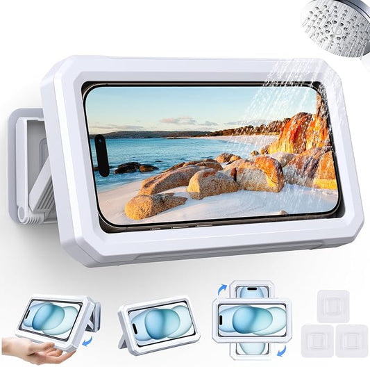 Romuto Shower Phone Holder Waterproof【480° Rotation】HD Touch Screen & Anti-Fog phone shower holder, IPX6 Waterproof Clear Sound Bathroom Accessories for iPhone 17 16 Pro Max Air, S25 Ultra, 4-7" Phone