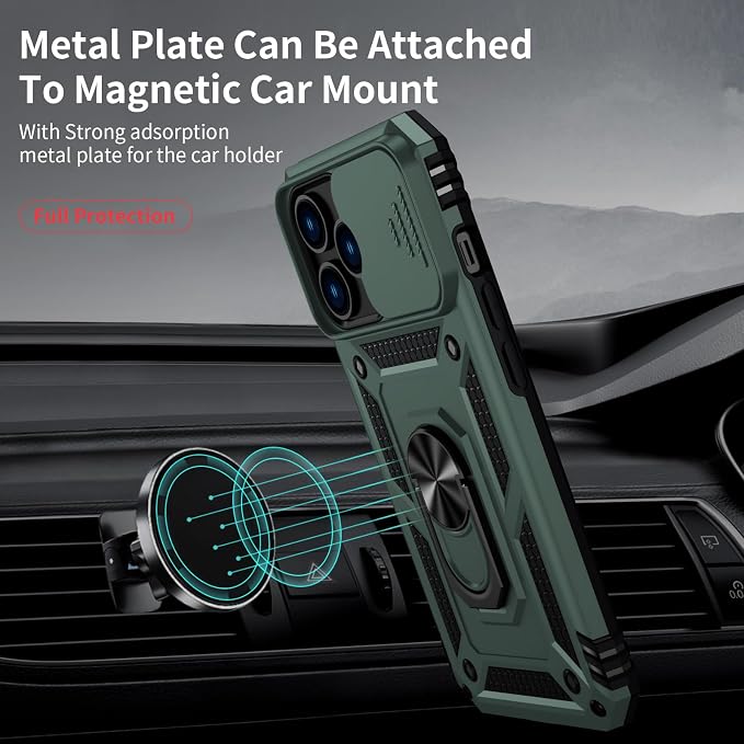 for iPhone 13 Pro Case with Camera Lens Cover, HD Screen Protector, 10 FT Military Grade Drop Protection, Magnetic Ring Holder Kickstand Protective Phone Case for iPhone 13 Pro, Pine Green