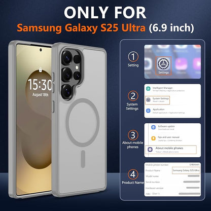 For Samsung Galaxy S25 Ultra Case [Compatible with Magsafe] Translucent Matte Magnetic S25 Ultra Phone Case,SlimThin Duty Shockproof Protection Cover with 2pc HD Screen Protector for S25 Ultra-Gray