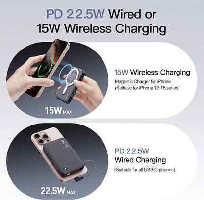 2026 Updated M3 Ultra Slim 0.4'' Wireless Power Bank, 10000mAh Magnetic Portable Charger with Built in Cable and Strap, LED Battery Pack Travel Essentials for iPhone 17/16/15/14/13/12/Pro Max Andriod
