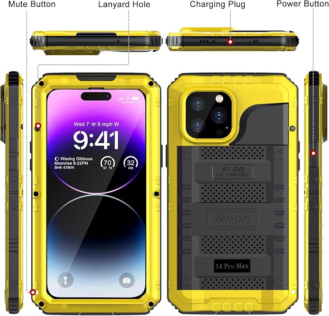 Beasyjoy for iPhone 14 Pro Max Waterproof Case, Metal Heavy Duty Case with Built-in Screen Protector, Full Body Protective Military Grade Shockproof Dustproof Defender Rugged Case 6.7 Inch, Yellow