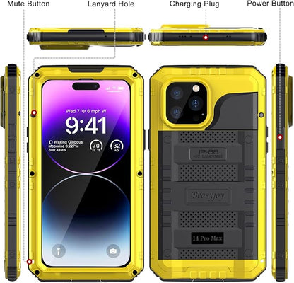 Beasyjoy for iPhone 14 Pro Max Waterproof Case, Metal Heavy Duty Case with Built-in Screen Protector, Full Body Protective Military Grade Shockproof Dustproof Defender Rugged Case 6.7 Inch, Yellow
