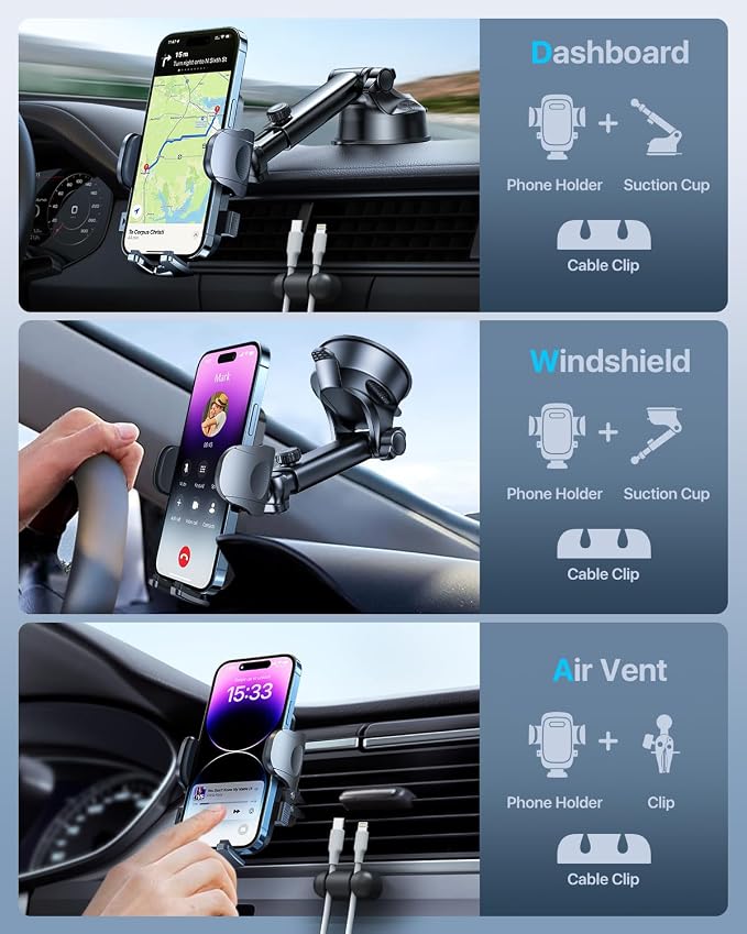 HTU 𝟐𝟎𝟐𝟔 𝐔𝐩𝐠𝐫𝐚𝐝𝐞𝐝 [True Military-Grade] Car Phone Holder【Safety Certs & No Smell】 Cell Phone Holder for Car Mount for Dashboard Windshield Air Vent Long Arm Thick Case,Green