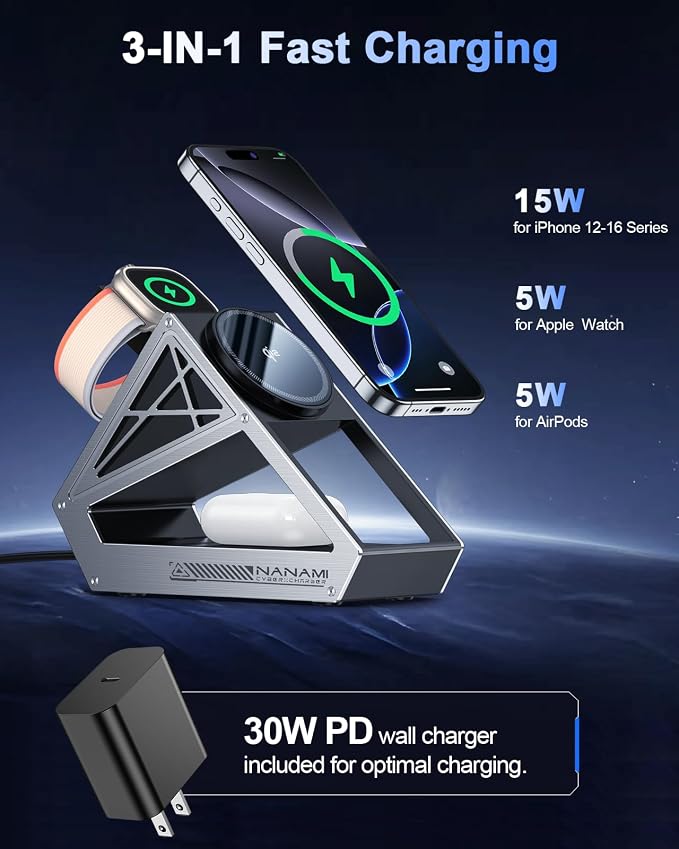 NANAMI Wireless Charging Station for Apple Watch, Qi2 Certified 3 in 1 15W Magnetic Wireless Charger Stand for iPhone 17/17 Air/16/15/14/13/12, AirPods 4/3/Pro/Pro 2, [Certified] Apple Watch Charger