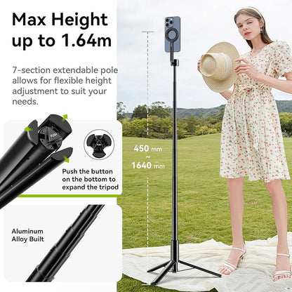 ULANZI 64.6'' Magnetic Selfie Stick Tripod Max, All-in-One Phone Tripod w Magnetic Phone Holder & Detachable Wireless Remote, C/W Magsafe, for iPhone 16 15 14 13 12 Series & Android Phones (Black)