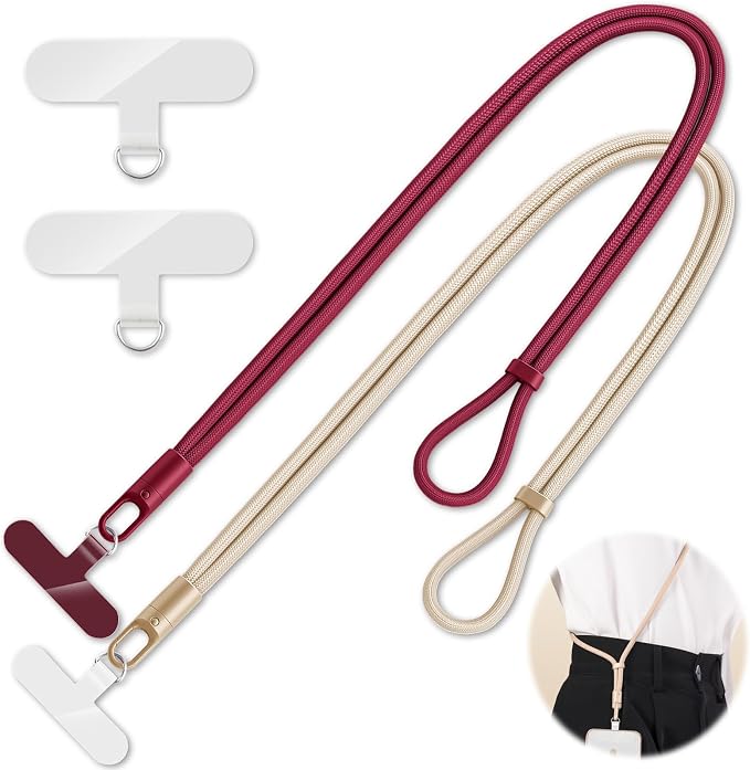 KITANIS 2 Pack Phone Lanyard,2×Phone crossbody strap,4×Tether Tabs,Universal Cell Phone Multifuctional Patch Polyester Lanyards,Cell Phone Lanyards for Women and Men(wine+light camel)