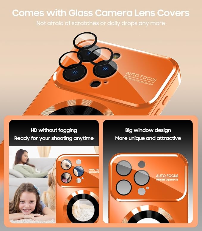 Magnetic for iPhone 15 Pro Max Case, Compatible with MagSafe, Built-in Camera Lens Protector, Logo View, Military Grade Drop Proof Phone Cover, Orange