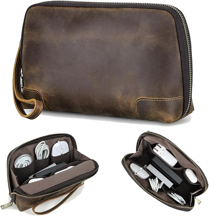 CONTACTS Crazy Horse Leather Travel Electronic Organizer Cables Chargers Accessories Storage Case Holder Clutch Bag