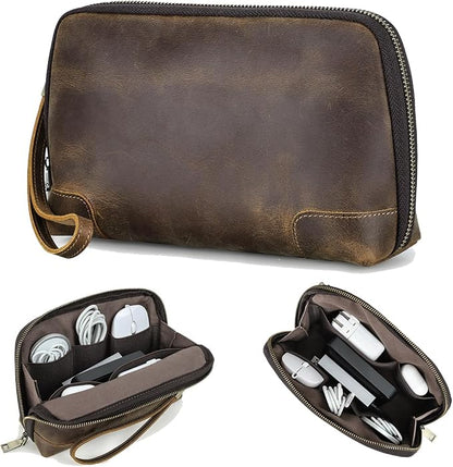 CONTACTS Crazy Horse Leather Travel Electronic Organizer Cables Chargers Accessories Storage Case Holder Clutch Bag