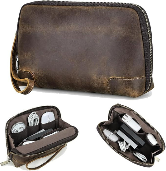 CONTACTS Crazy Horse Leather Travel Electronic Organizer Cables Chargers Accessories Storage Case Holder Clutch Bag