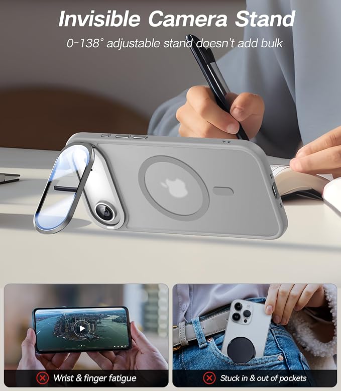 [Upgraded Full Camera Protection] for iPhone Air Case with Camera Cover Stand [Fit for MagSafe][10FT Mil-Grade Protection] Translucent Magnetic Phone Cover for iPhone 17 Air Case, Grey