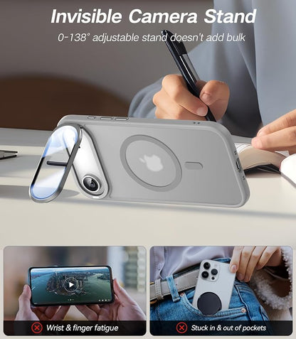 [Upgraded Full Camera Protection] for iPhone Air Case with Camera Cover Stand [Fit for MagSafe][10FT Mil-Grade Protection] Translucent Magnetic Phone Cover for iPhone 17 Air Case, Grey