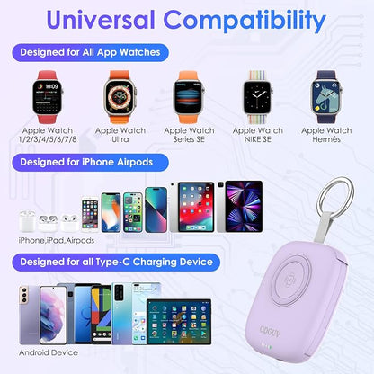 Small Portable Charger 5000mAh,iWatch Wireless Charger Mini Power Bank with Built-in Cable,Travel Keychain Charger for Apple Watch 11/10/9/8/Ultra/7/6/Se/5/4,iPhone 17/16/15/14/13/12,Android Phone