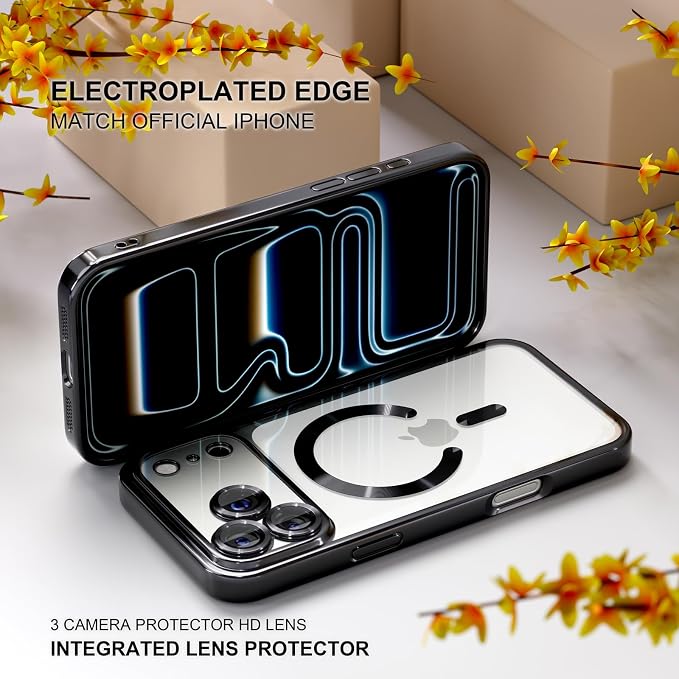 Misea Magnetic for iPhone 17 Pro Case Compatible with MagSafe [Never Yellowing] [Military Grade Drop Protection] Full Camera Lens Protector Plating Soft Clear Phone Case for Women, Black
