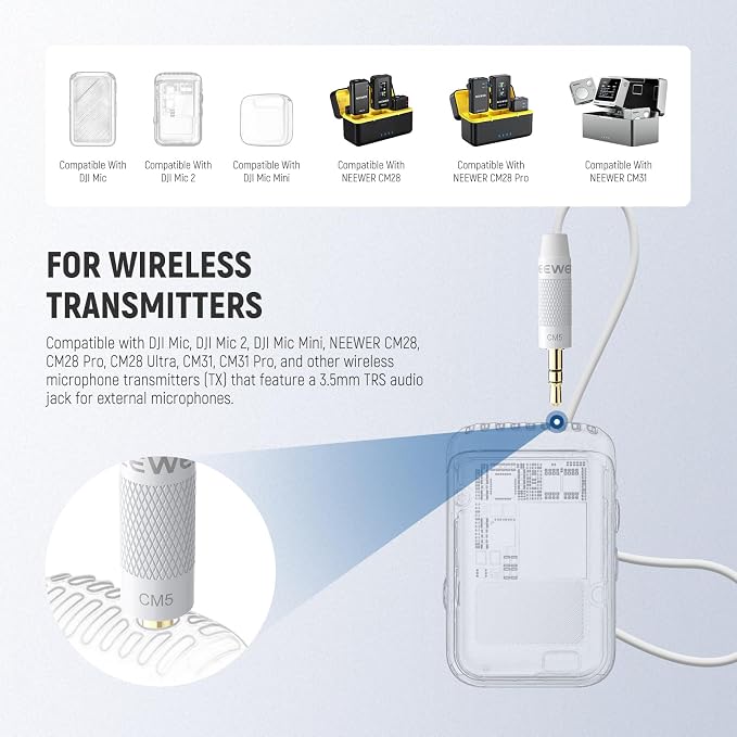 NEEWER 2 Pack Lavalier Lapel Microphone Compatible with Rode Wireless GO II 2 DJI Wireless Mic Transmitter, Omnidirectional Condenser Wired Clip On Lav Mic for Stage YouTube Live Streaming, CM5, White
