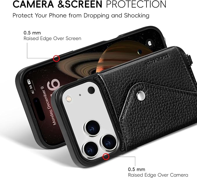 LUCKYCOIN for iPhone 17 Pro Crossbody Wallet Case – Genuine Leather Phone Purse with Adjustable Strap and Card Holder,Lanyard Phone Purse Case for Women,Pebble Grain Black