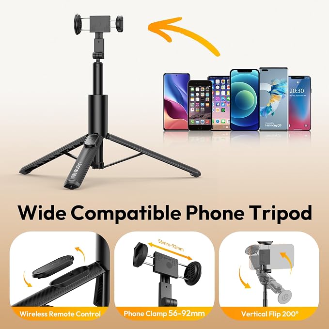 ULANZI Phone Tripod, SK27 61" Extendable Selfie Stick for iPhone, 2 in 1 Adjustable Tripod with Bluetooth Remote Cold Shoe Mount, Portable Phone Stand Lightweight for Travel Photo Video Stream Vlog