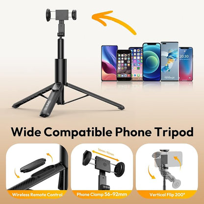 ULANZI Phone Tripod, SK27 61" Extendable Selfie Stick for iPhone, 2 in 1 Adjustable Tripod with Bluetooth Remote Cold Shoe Mount, Portable Phone Stand Lightweight for Travel Photo Video Stream Vlog