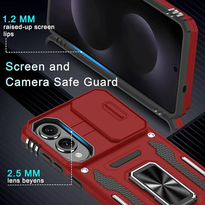 DEERLAMN Case for Samsung Galaxy S25 Edge with Slide Camera Cover+Screen Protector (1 Pack), Rotated Ring Kickstand Military Grade Shockproof Protective Cover-Red