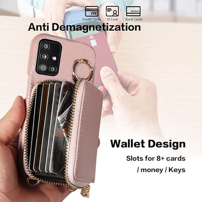 Wallet Case for Samsung Galaxy A51 5G/A 51 5G UW Verizon & Shoulder Strap Ring Buckle PU Leather Zipper Flip Organ Purse Credit Card Holder Stand Full Body Phone Cover for 51A G5 S51 Rose Gold