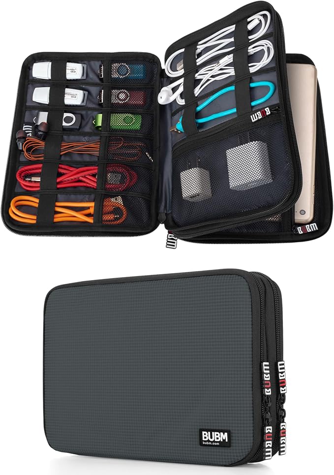 BUBM Double Layer Electronic Accessories Organizer, Travel Gear Bag for Cables, USB Flash Drive, Plug and More, Perfect Size Fits for iPad mini (Medium, Gray) | Travel Gadget Bag for Cables, USB Flash Drive, Plug and More, Perfect Size Fits for iPad Mini